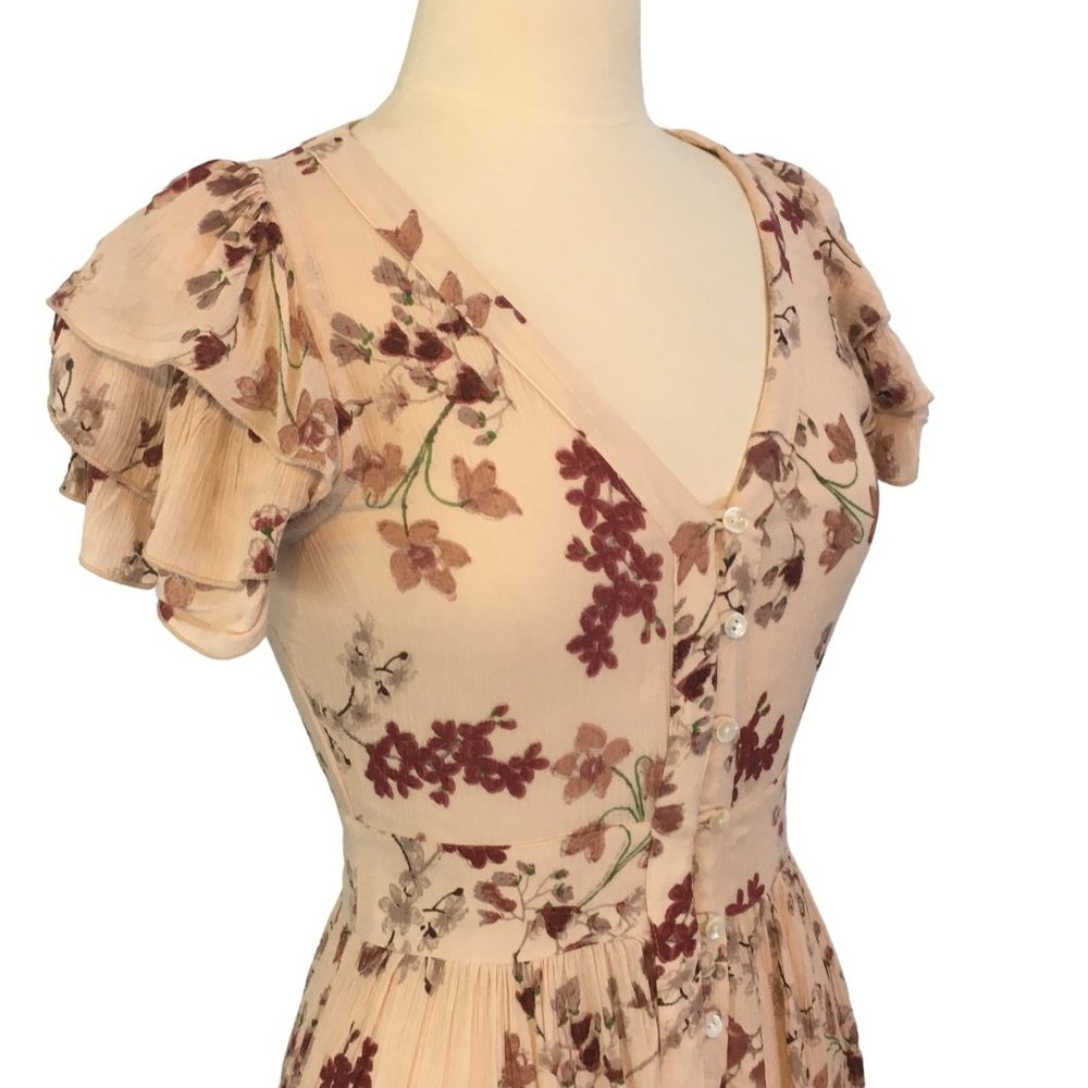 Patrons of Peace Cream Floral A-Line Maxi Dress, Ruffle Sleeve, 36 Bust 26 Waist - Picture 3 of 10